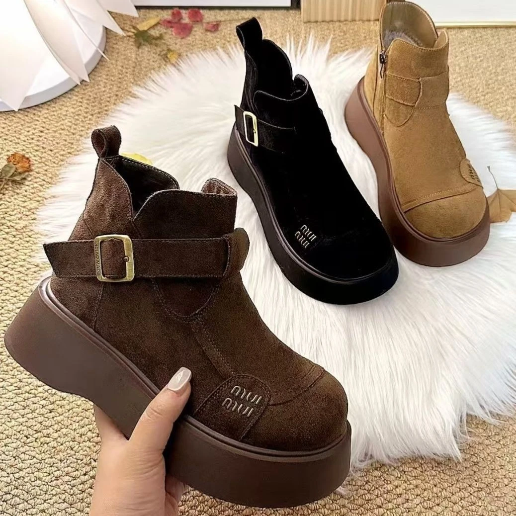 厚底高帮雪地靴绒面防水棉鞋女秋冬新品加绒防滑小个子勃肯鞋