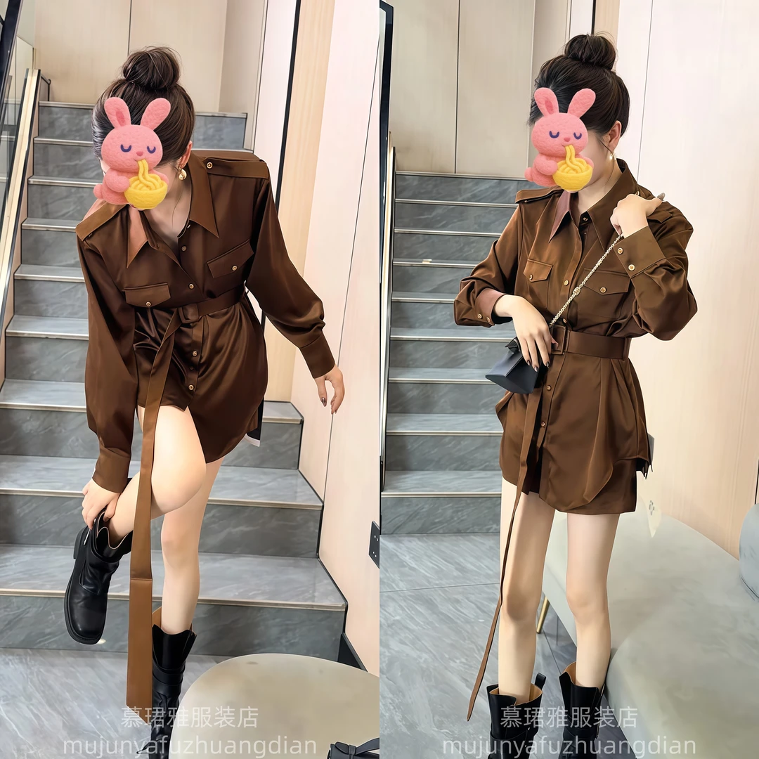 2025秋季新款高级感气质pool领长袖衬衫上衣高腰显瘦短裤两件套女