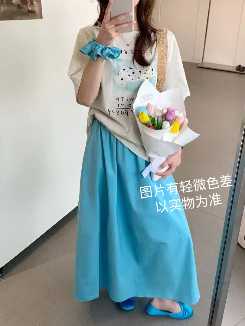 大码胖mm夏季清新小众印花减龄宽松T恤女+百搭甜美半身裙两件套装