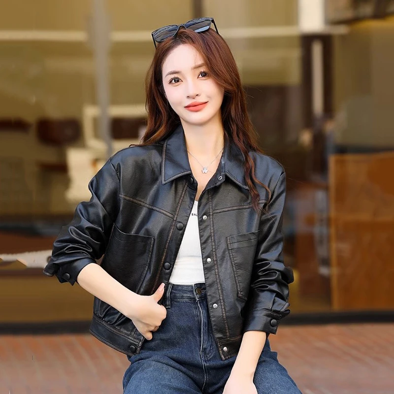 2025春季港风复古短款皮衣外套女新款设计感大口袋机车服皮夹克潮