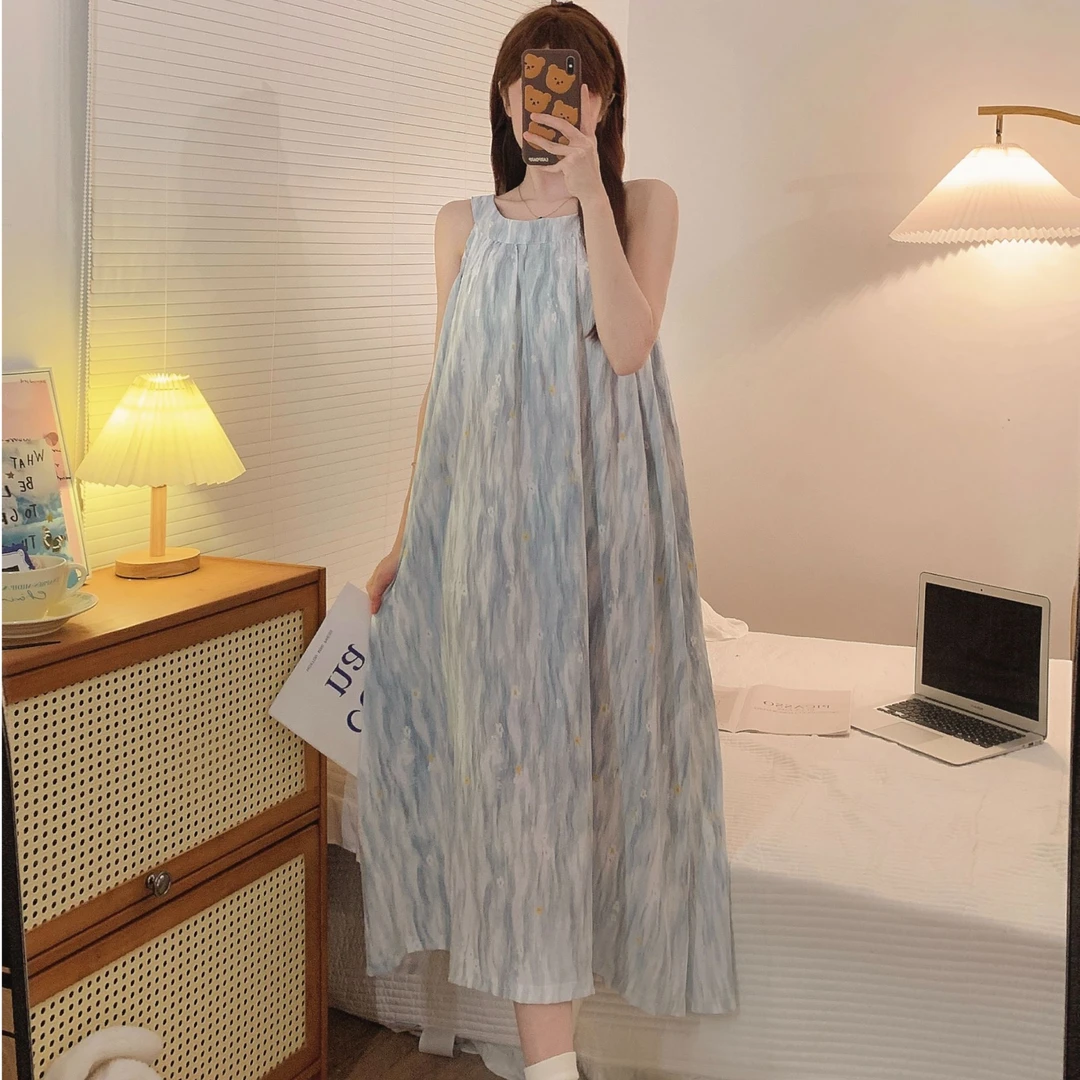 无袖吊带晕染蓝甜美森系夏季显瘦宽松连衣裙套头公主风