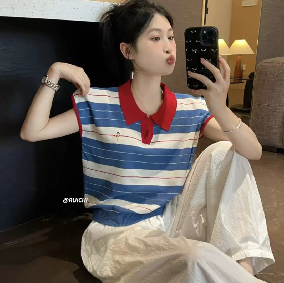 2025夏韩系慵懒休闲风撞色POLO领小狗刺绣飞袖高级感打底内搭5148