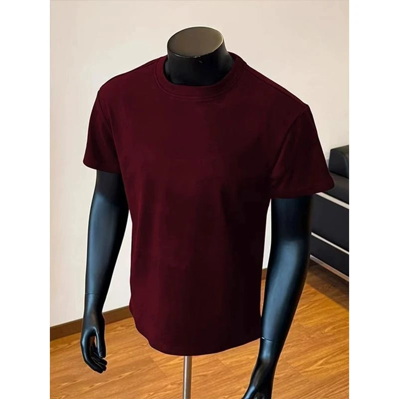 酒红色小领口短袖男款美式复古正肩t恤cleanfit高级感痞帅半截袖