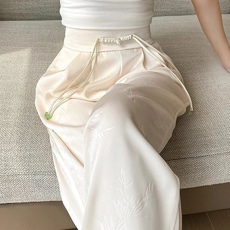 新中式缎面提花阔腿裤子女春夏新款盘扣高腰显瘦直筒休闲长裤气质