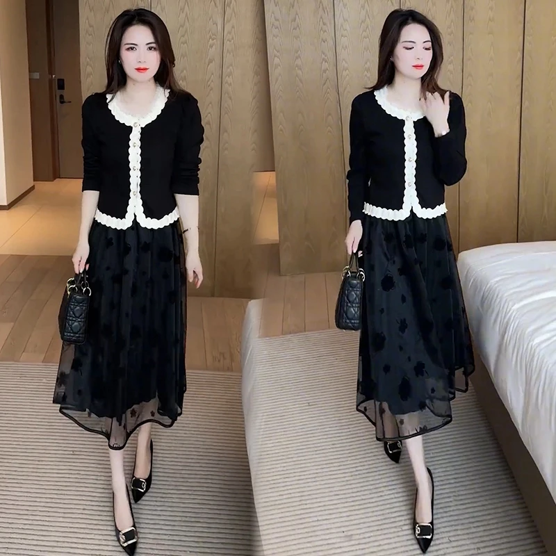 圆领长袖T恤女2025春季新款时尚洋气显瘦减龄小个子半身裙两件套