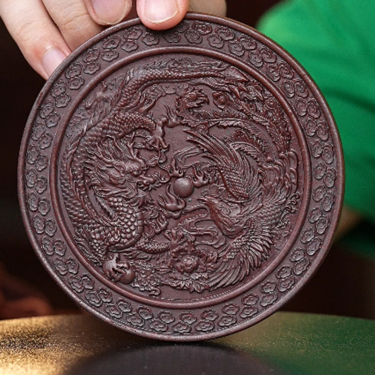 【龙凤呈祥茶杯垫】宜兴原矿紫砂古铜泥手工龙纹壶垫家用茶托