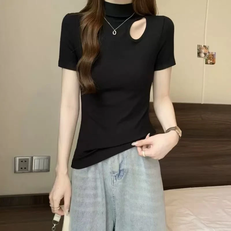 【慕妍专属】24212（衣长53）半高领修身气质镂空短袖t恤