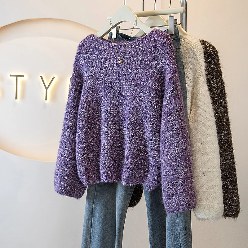 韩系新款秋季女慵懒感圆领宽松软糯针织毛衣外套休闲时尚风2025
