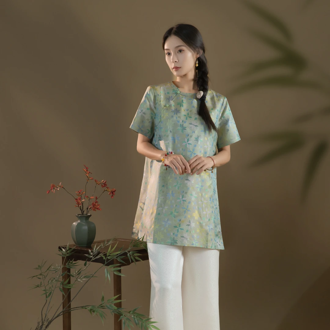 芬领-八芒星-2025新品100%桑蚕丝全罗蜀锦短袖罩衫上衣SY2407