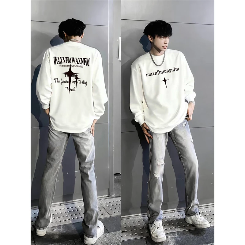 潮牌复古街头字母正肩长袖T恤男女秋冬季宽松百搭上衣重磅打底衫