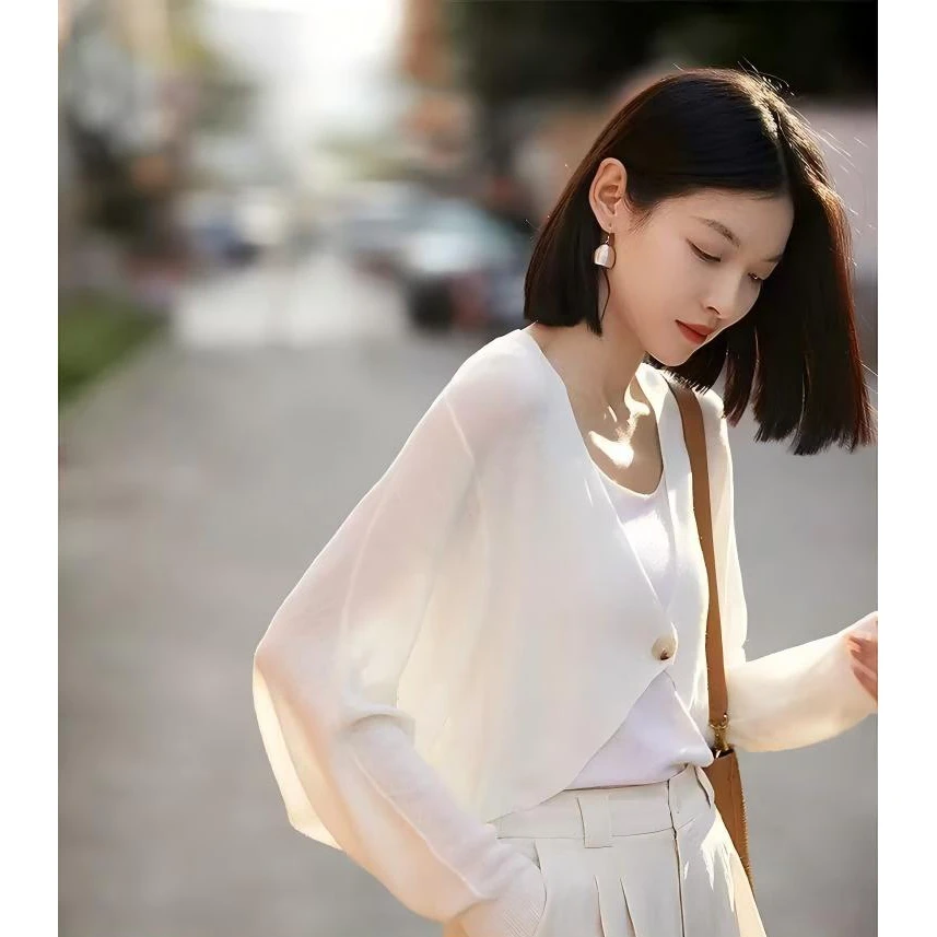 B 门店50&9!小海鸥开衫」莱赛尔天丝亚麻慵懒气质针织上衣女 T4648