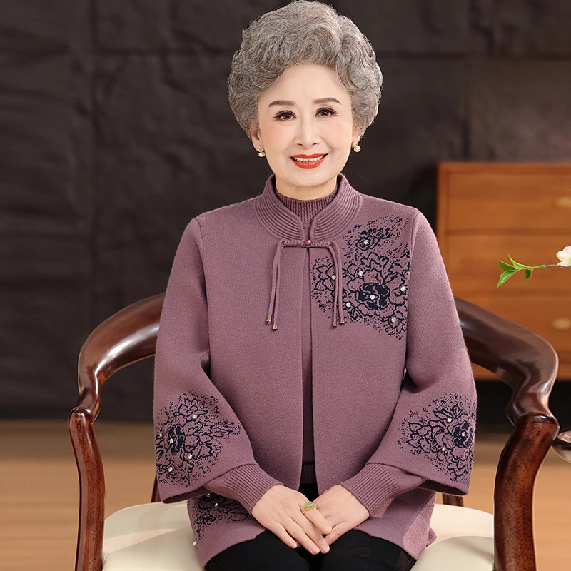 中老年人秋冬女外套加厚毛衣奶奶春秋套装太太衣服妈妈唐装针织衫
