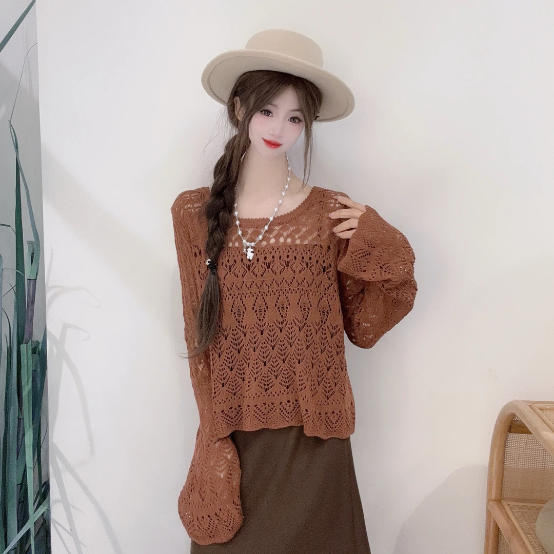 EC41256096日系甜美安可拉红新款温柔百搭减龄可爱镂空针织小上衣