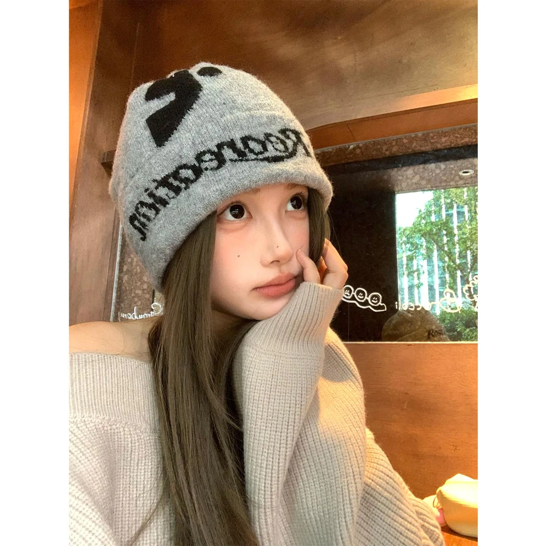 韩版字母针织堆堆帽女2025新款慵懒风高级感毛线帽百搭显脸小冷帽