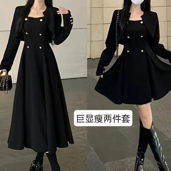 胖鑫家【财阀千金】法式气质名媛轻熟高级连衣裙+西服外搭套装8045