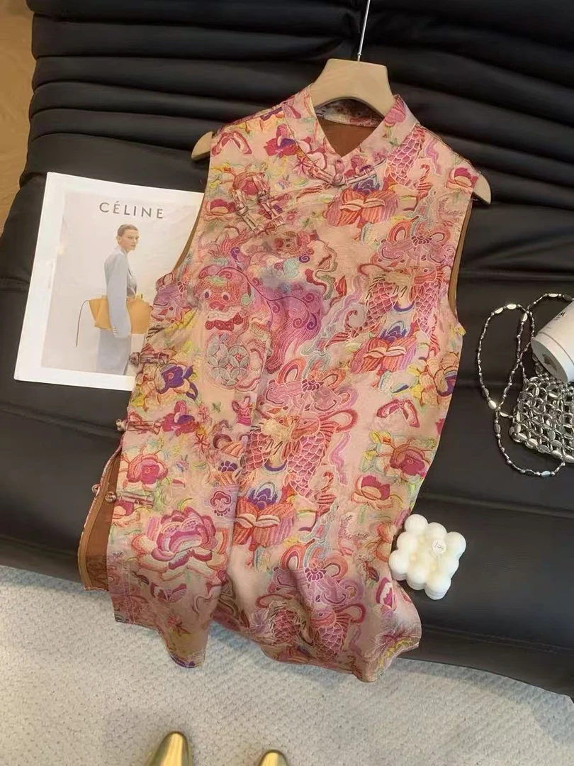 无袖百搭夏季立领斜襟连衣裙旗袍裙植物花卉花色复古新中式背心裙