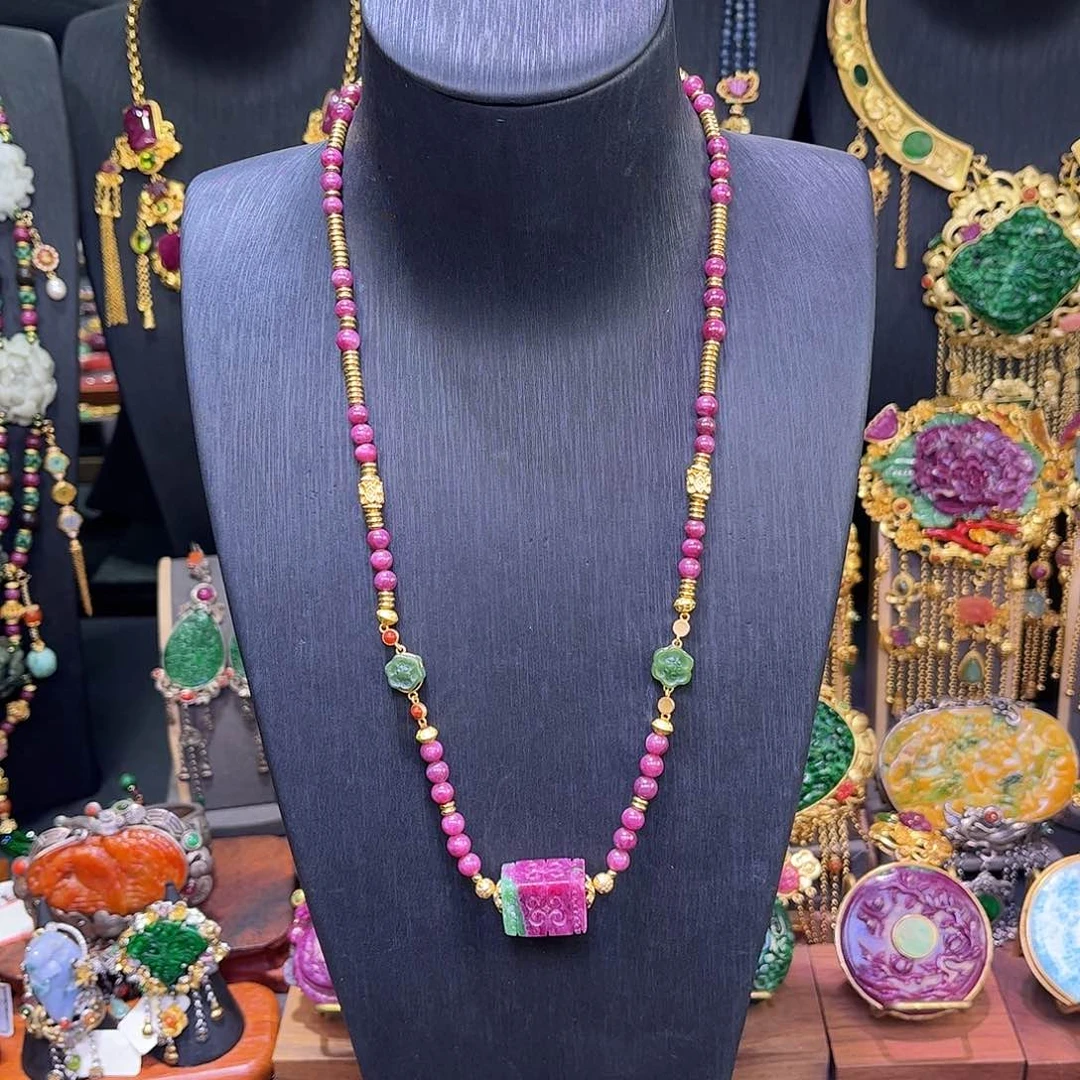 银S925镀金镶嵌项链红宝石红绿宝多宝项链