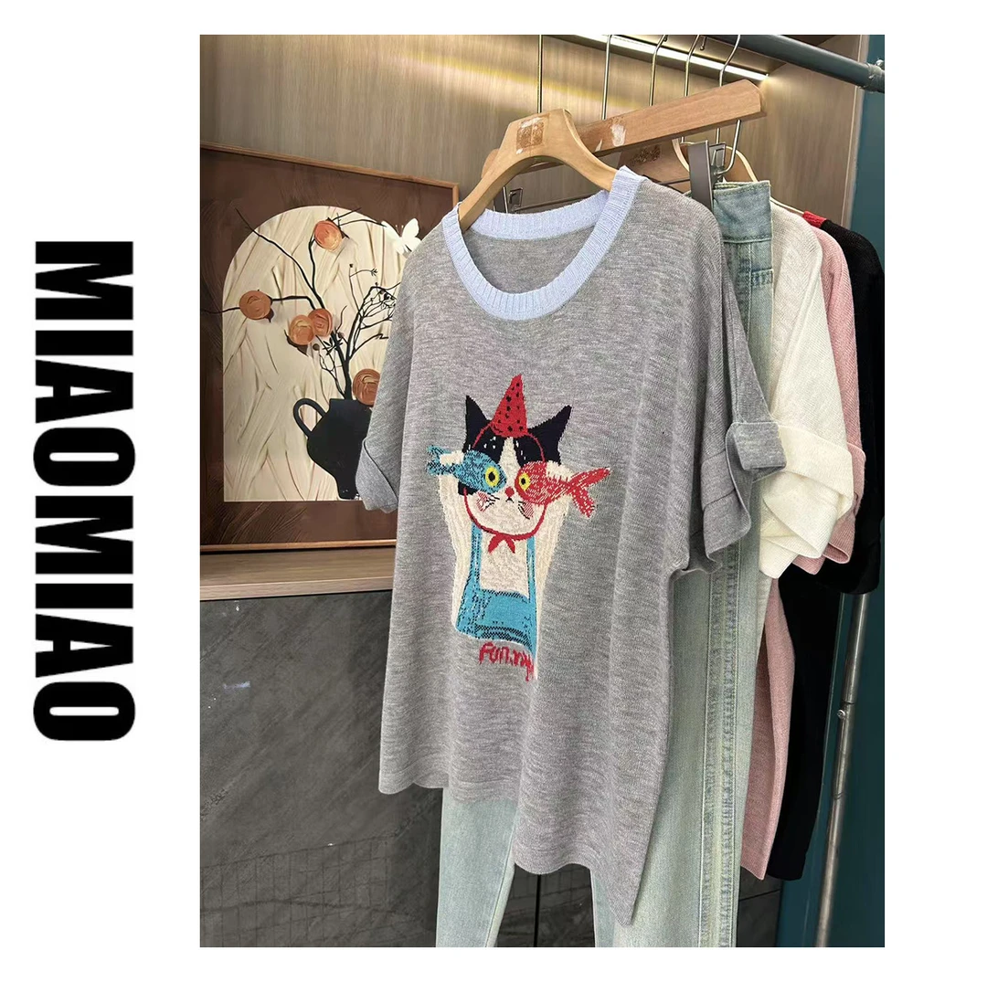 【清仓】55501卡通减龄气质t恤冰丝短袖针织女夏上衣