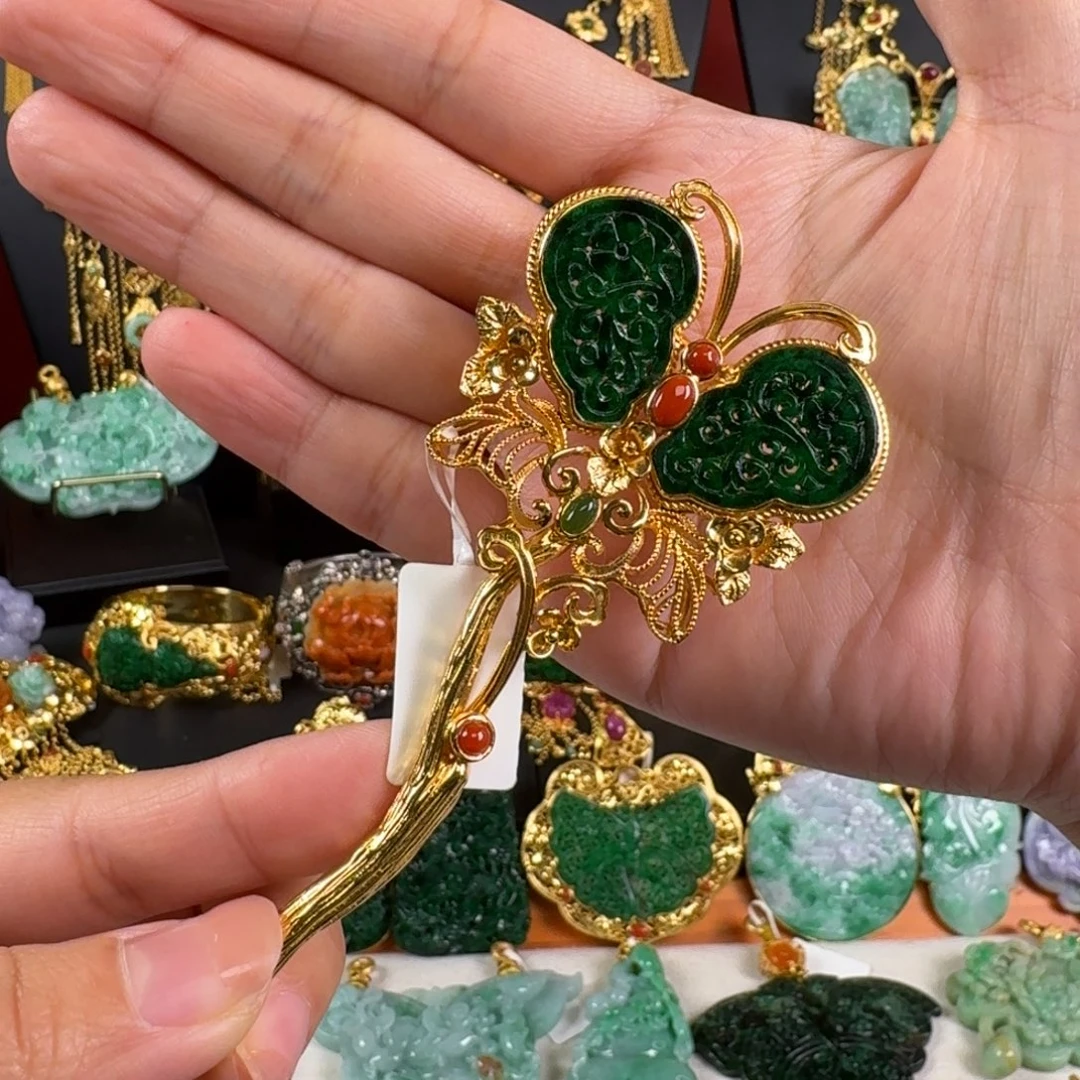 翡翠银S925镀金镶嵌颈饰花青发簪