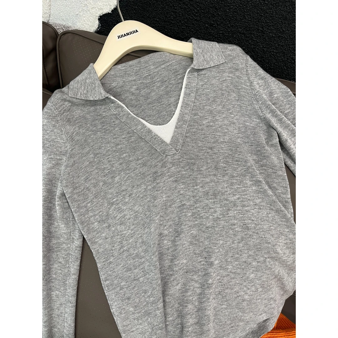 鑫然Kiki 气质显瘦V领假两件翻领针织长袖上衣 J310 JJ【F】