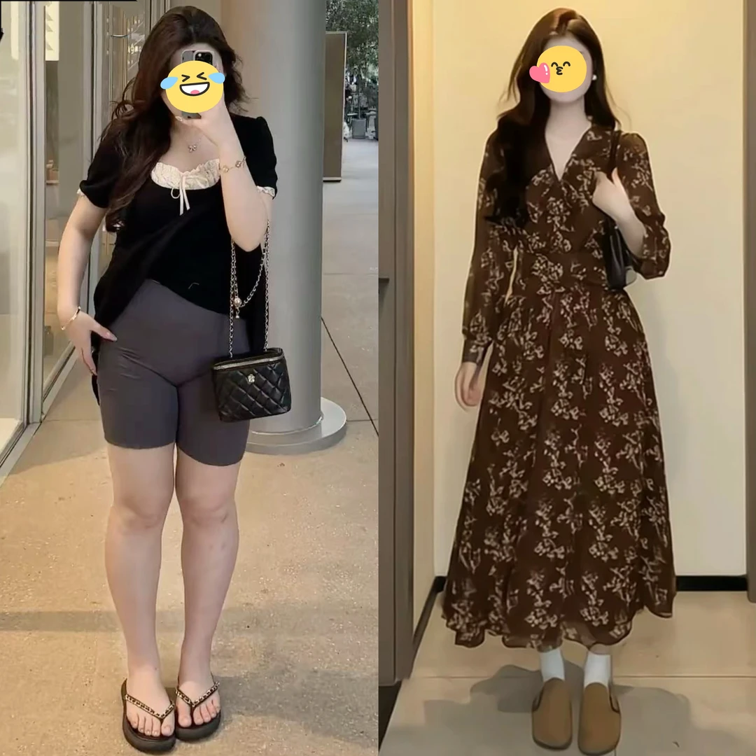 大码女装胖mm法式V领老钱风碎花连衣裙子2025秋季显瘦百搭连衣裙