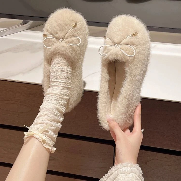 温柔仙女风毛毛鞋女外穿2025秋冬新款韩版软底棉鞋平底加绒豆豆鞋