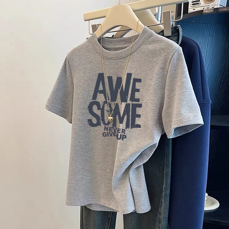 夏季薄款2025年新款正肩纯棉短袖t恤女百搭洋气灰色上衣打底衫潮