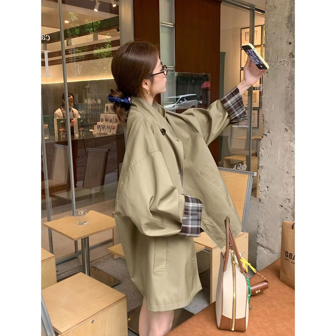 早秋高级感小个子撞色短款风衣外套女宽松廓形英伦风日系大衣F427