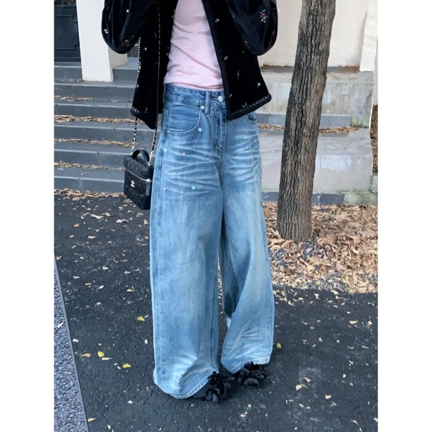 【赵小小&复古猫须】7729 秋季水洗猫须牛仔裤薄款设计感阔腿直筒裤