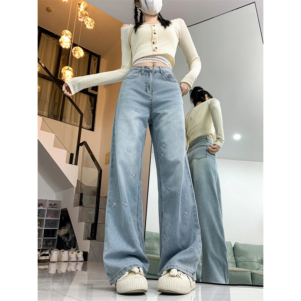 实拍大码刺绣阔腿牛仔裤女2024年春秋高腰宽松胖mm显瘦直筒拖地裤