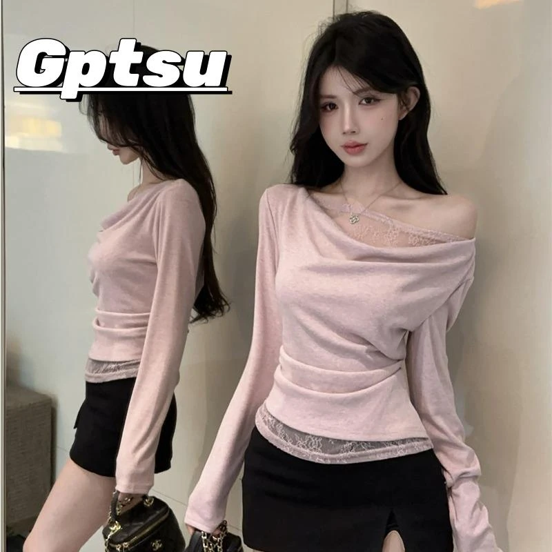 GPTSu纯欲甜辣荡领长袖T恤女春秋内搭蕾丝拼接露肩别致打底衫上衣