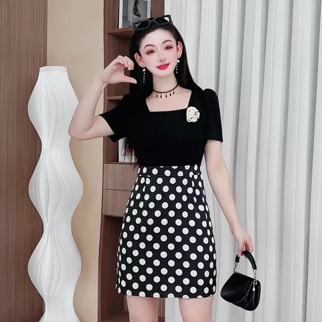 3655小香风法式显瘦连衣裙女夏季新款收腰气质高级感拼接黑色裙子