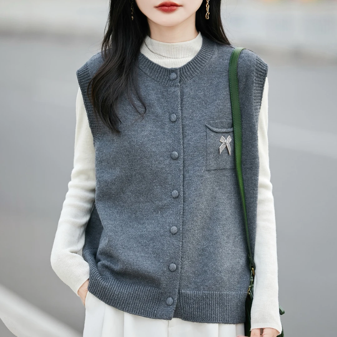 时尚带兜厚款圆领针织纯色马夹宽松女士百搭撞色805