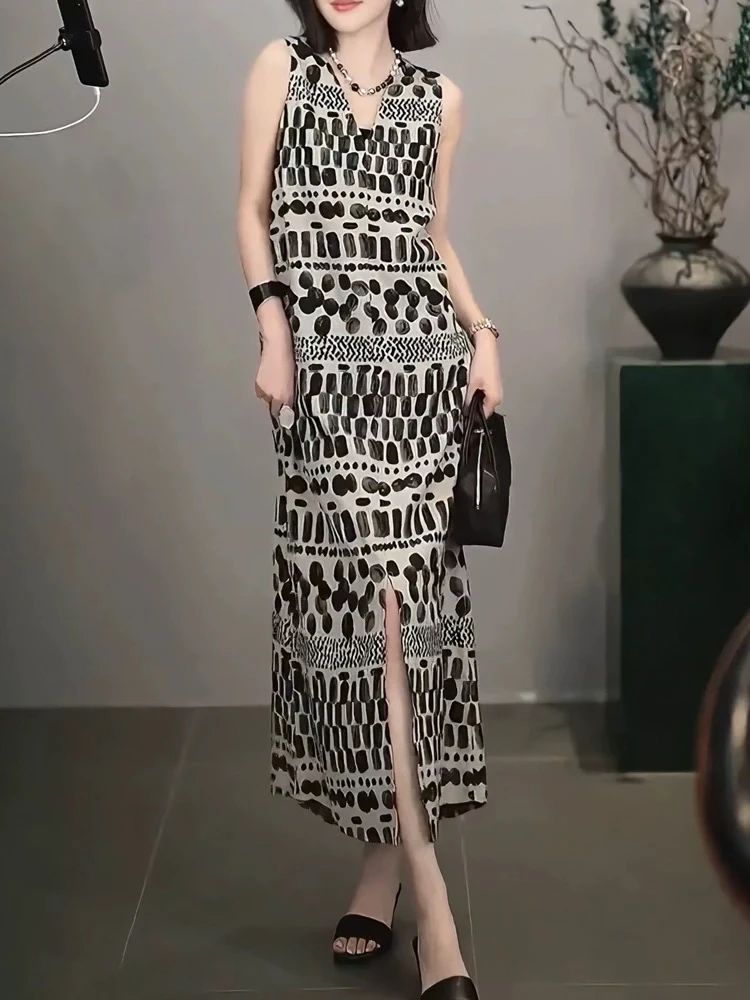夏季凉爽显瘦碎花无袖长款连衣裙大码时尚洋气高气质开叉连衣裙女
