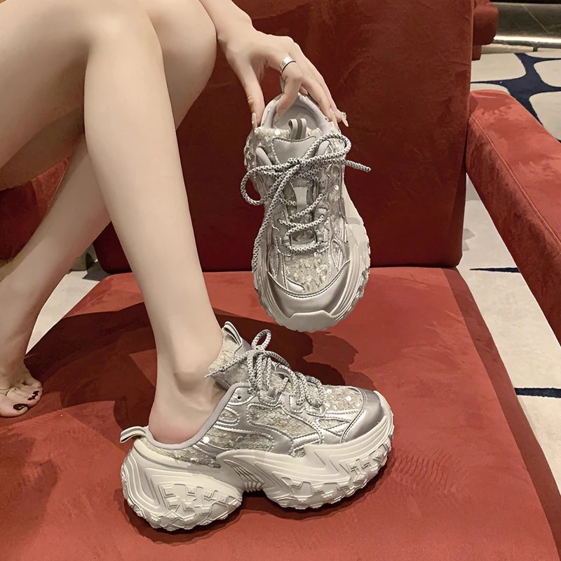 厚底增高包头半拖鞋女夏季外穿2025新款透气网面运动无后跟老爹鞋