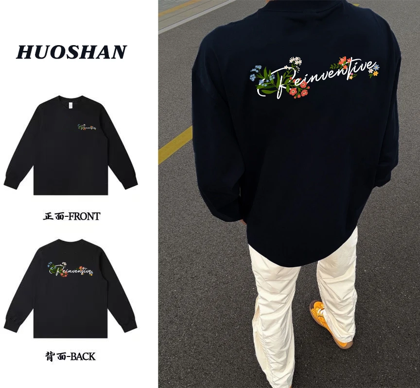 美式复古花卉图案长袖t恤重磅纯棉上衣男高街宽松百搭情侣上衣