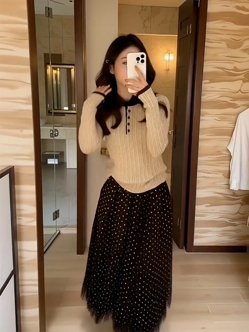 秋冬季穿搭一整套女装2025韩系气质松弛感毛衣波点半身裙两件套潮
