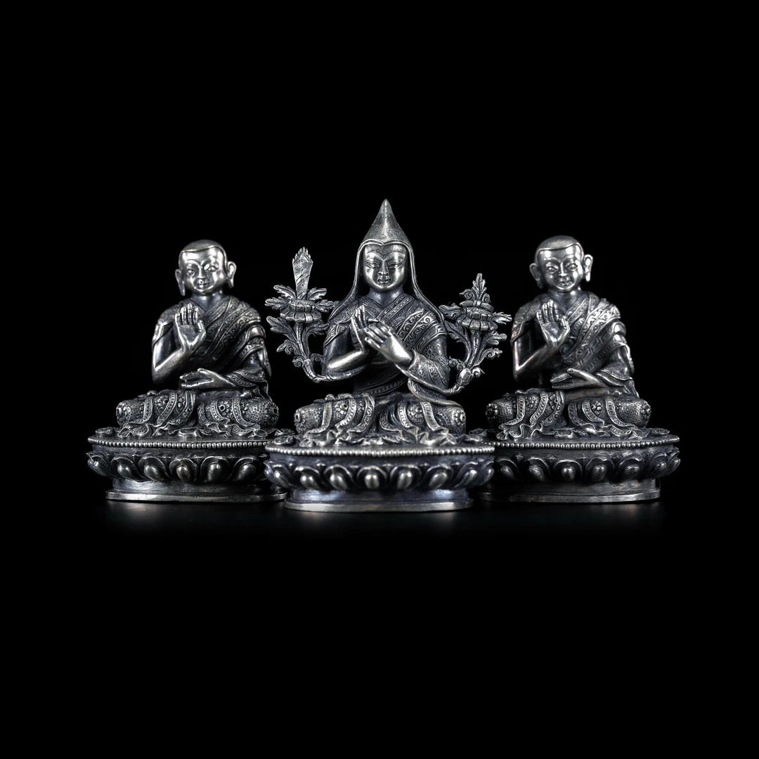 尼泊尔纯银造像宗喀巴大师与弟子克珠杰根敦主巴