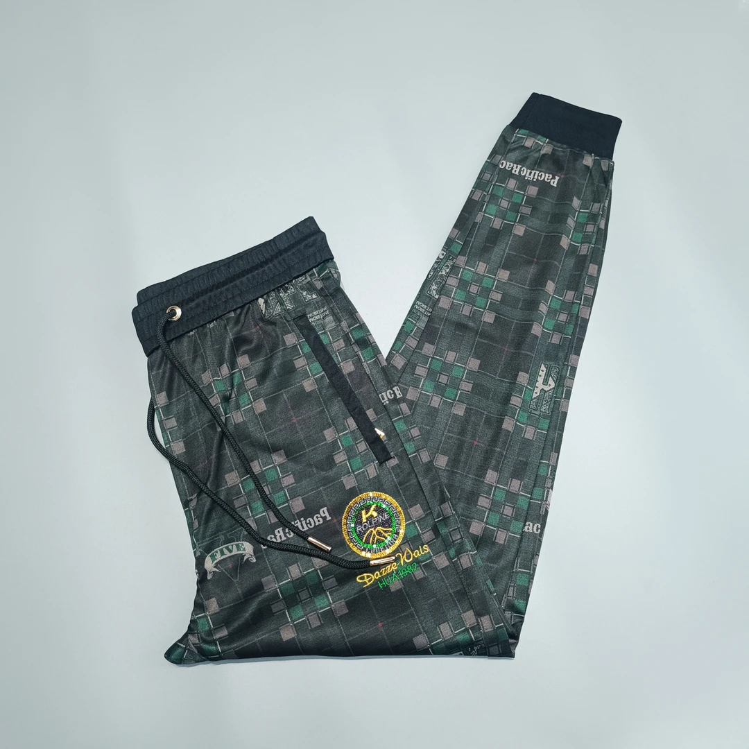 潮牌欧货刺绣小格印花休闲长裤男夏季薄款冰丝潮流束脚百搭束脚裤