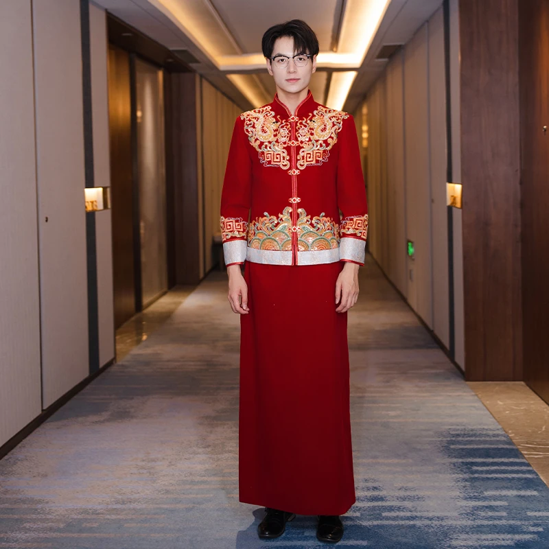 男款丝绒秀禾服2025新款中式新郎接亲礼服男士结婚大码婚服龙凤褂