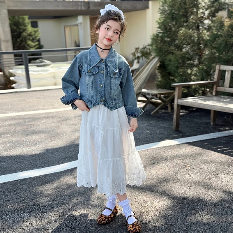 女童春装套装新款2025牛仔外套吊带白色连衣裙洋气小女孩时髦衣服