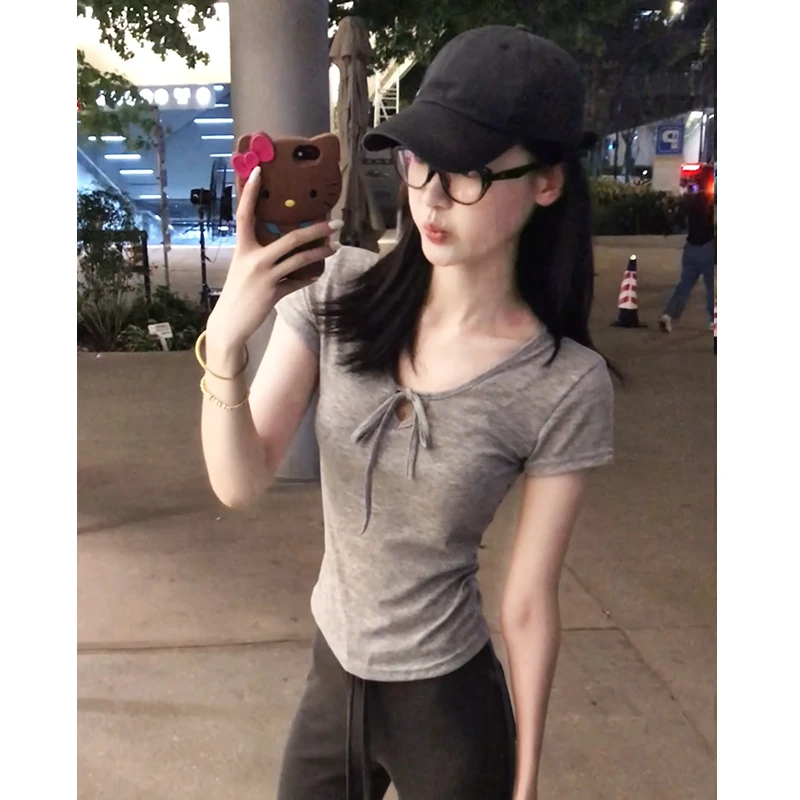 韩系ins衣服短袖女款爆款2025新款t恤女灰色系带设计小众短袖上衣