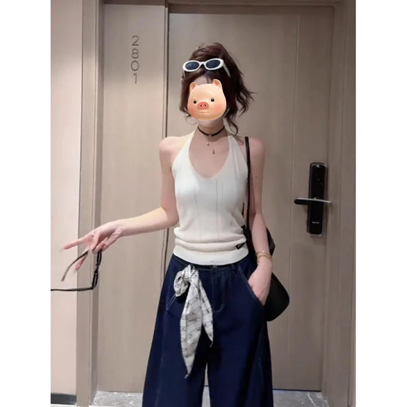 白色V领挂脖露背冰丝针织吊带背心女夏外穿修身辣妹短款无袖上衣