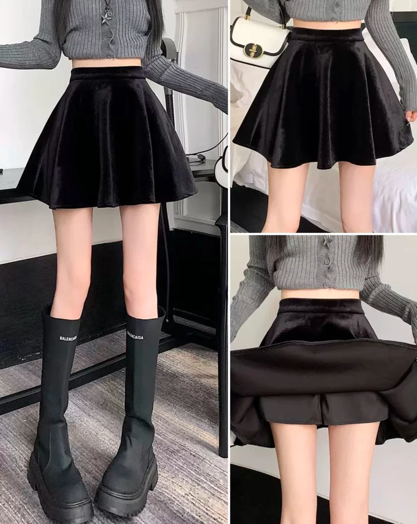 【刘灿私服】2386款金丝绒百搭黑色百褶裙