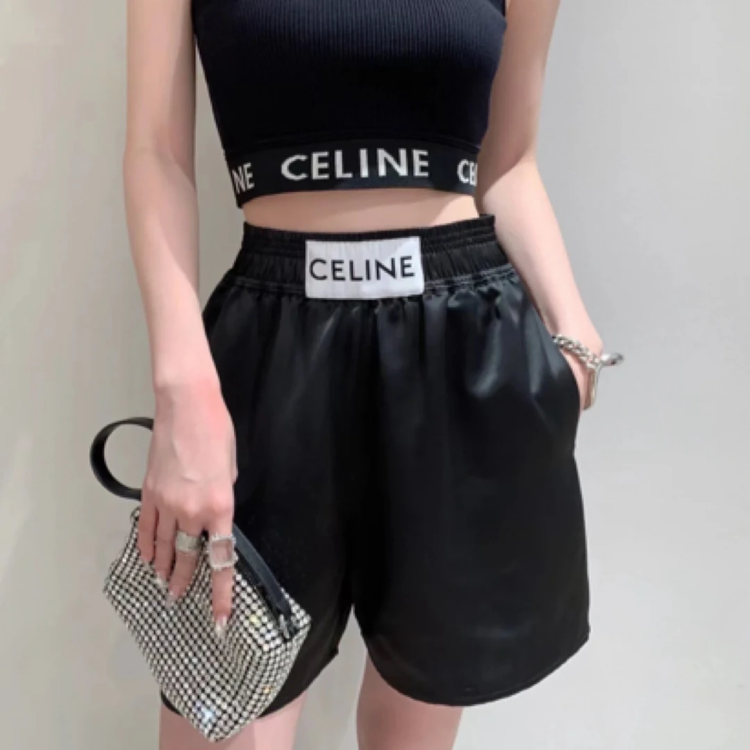 99新 Celine/思琳 wdf255 白标logo缎面桑蚕丝短裤 36码