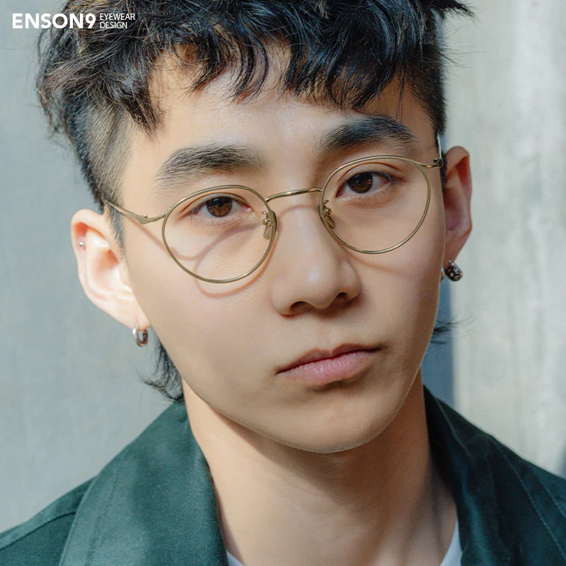 enson9复古细框宽边纯钛圆框眼镜潮男女 超轻立体纹理近视平光镜
