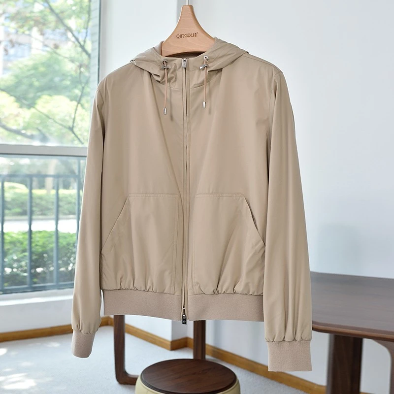 春季高端轻奢 两面穿针梭织相拼双层连帽风衣外套