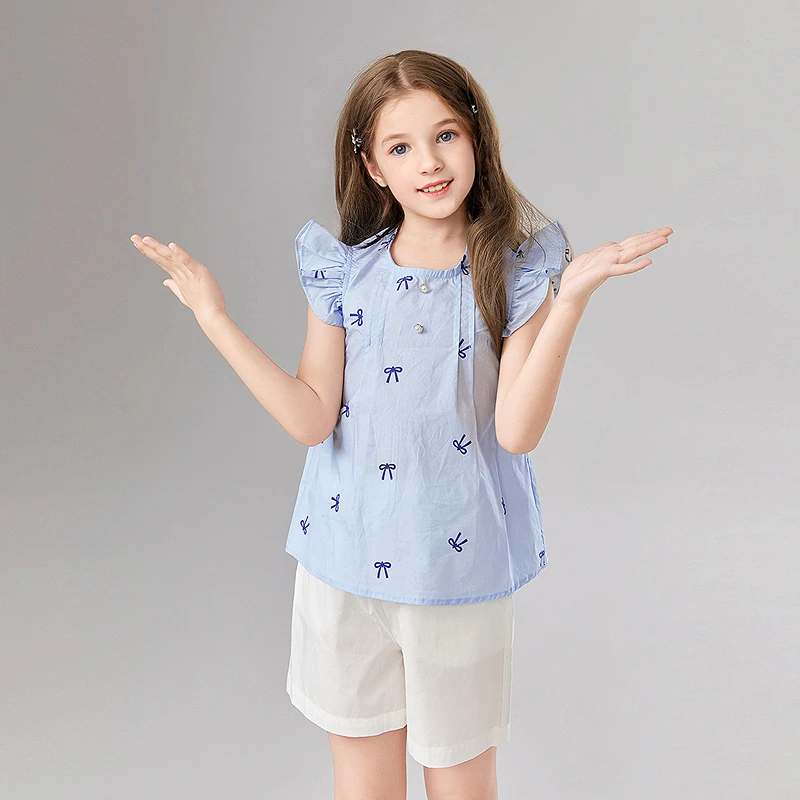 DEESHA/笛莎女童25夏新款中童清新蝴蝶结印花短裤套装-93252T315