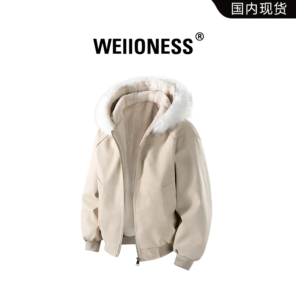 WEIIONESS美式大毛领座山雕棉衣男款冬季加绒加厚防寒棉服外套