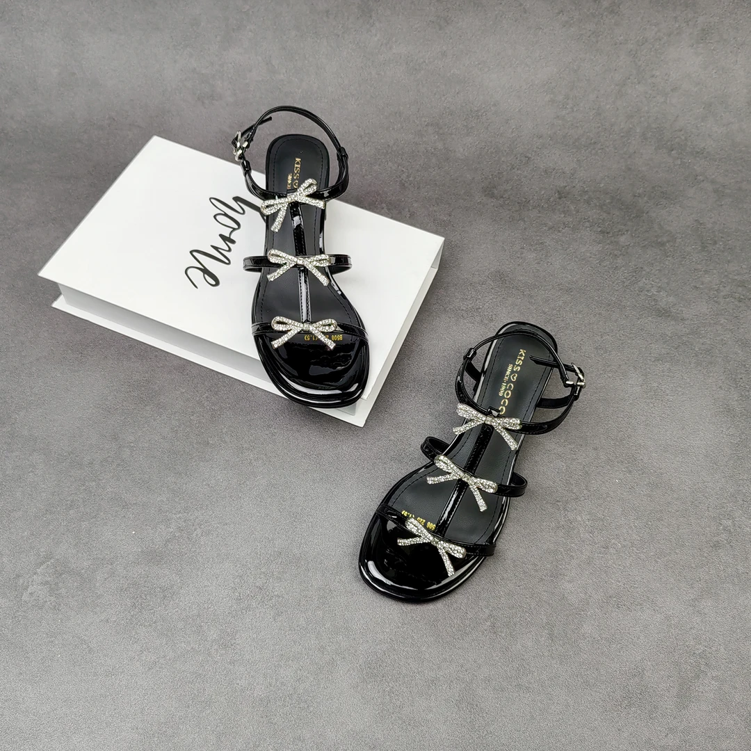 2025年夏季韩版百搭粗跟蝴蝶结水钻罗马风凉鞋女时尚女凉鞋-508